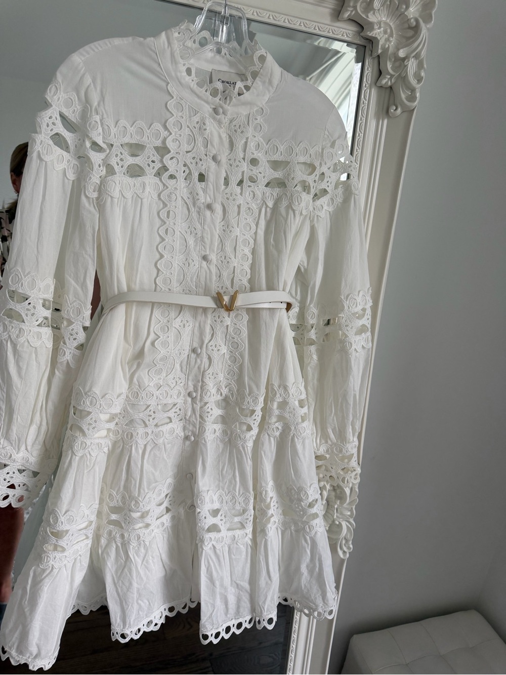 White Lace Tiered Long-Sleeve Dress with Belt